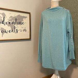 Soft Surroundings Blue Long Sleeve Snap Detail Cowl Neck Blouse Size Large